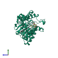 PDB entry 1t2c coloured by chain, side view.