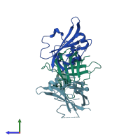 PDB entry 1t2p coloured by chain, side view.