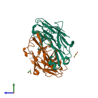 PDB entry 1t2q coloured by chain, side view.