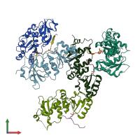 PDB entry 1t2v coloured by chain, front view.