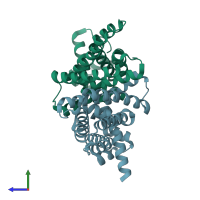 PDB entry 1t33 coloured by chain, side view.