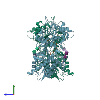 PDB entry 1t34 coloured by chain, side view.