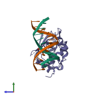 PDB entry 1t38 coloured by chain, side view.