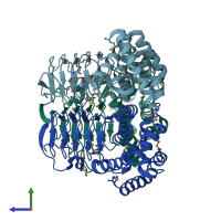 PDB entry 1t3d coloured by chain, side view.