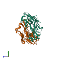 PDB entry 1t3f coloured by chain, side view.