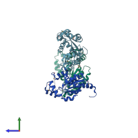 PDB entry 1t3h coloured by chain, side view.