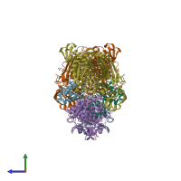 PDB entry 1t3q coloured by chain, side view.
