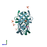 PDB entry 1t3r coloured by chain, side view.
