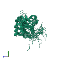 PDB entry 1t3v coloured by chain, ensemble of 22 models, side view.