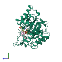 PDB entry 1t41 coloured by chain, side view.