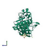 PDB entry 1t49 coloured by chain, side view.