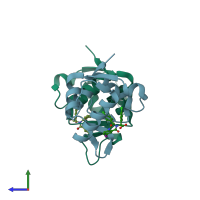 PDB entry 1t4e coloured by chain, side view.