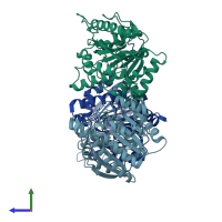 PDB entry 1t4r coloured by chain, side view.