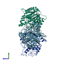 PDB entry 1t4s coloured by chain, side view.