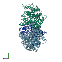 PDB entry 1t4t coloured by chain, side view.