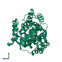 PDB entry 1t5j coloured by chain, side view.
