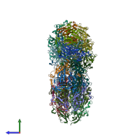 PDB entry 1t60 coloured by chain, side view.