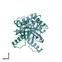 PDB entry 1t62 coloured by chain, side view.