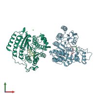 PDB entry 1t64 coloured by chain, front view.