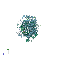 PDB entry 1t64 coloured by chain, side view.