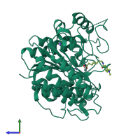PDB entry 1t67 coloured by chain, side view.
