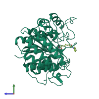 PDB entry 1t69 coloured by chain, side view.