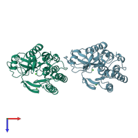 PDB entry 1t6m coloured by chain, top view.