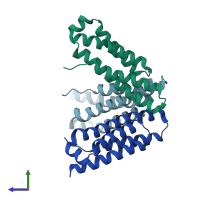 PDB entry 1t6q coloured by chain, side view.