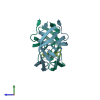 PDB entry 1t7k coloured by chain, side view.