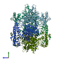 PDB entry 1t8s coloured by chain, side view.