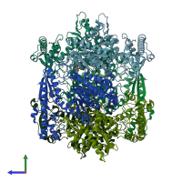 PDB entry 1t8y coloured by chain, side view.