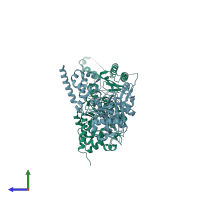 PDB entry 1t94 coloured by chain, side view.