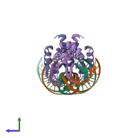 PDB entry 1t9j coloured by chain, side view.