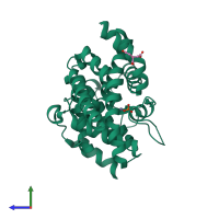 PDB entry 1t9r coloured by chain, side view.