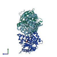 PDB entry 1ta1 coloured by chain, side view.