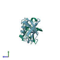 PDB entry 1tbe coloured by chain, side view.