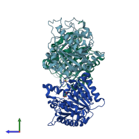 PDB entry 1tbj coloured by chain, side view.