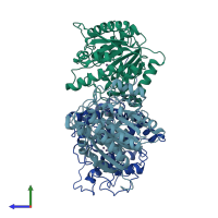 PDB entry 1tbl coloured by chain, side view.