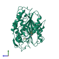 Homo dimeric assembly 1 of PDB entry 1tc1 coloured by chemically distinct molecules, side view.