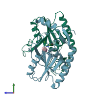 PDB entry 1tc2 coloured by chain, side view.