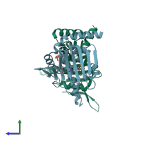 PDB entry 1tc6 coloured by chain, side view.