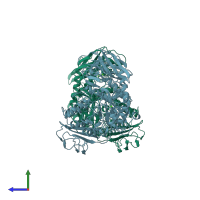 PDB entry 1tcm coloured by chain, side view.