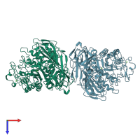 PDB entry 1tcm coloured by chain, top view.