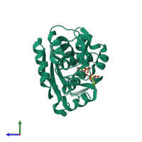 PDB entry 1tcs coloured by chain, side view.