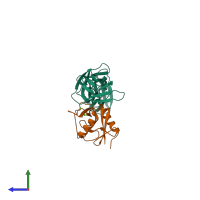 PDB entry 1tdq coloured by chain, side view.