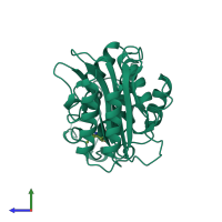 PDB entry 1tem coloured by chain, side view.