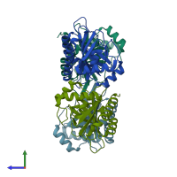 PDB entry 1tf1 coloured by chain, side view.