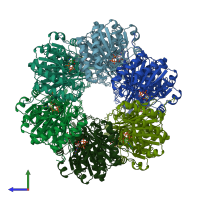 PDB entry 1tf7 coloured by chain, side view.