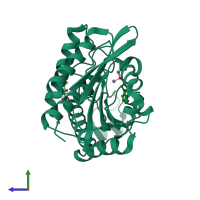 PDB entry 1tf8 coloured by chain, side view.