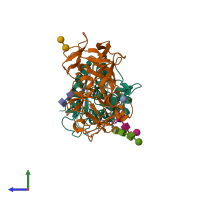 PDB entry 1tfm coloured by chain, side view.